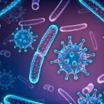 Représentation artistique de micro-organismes, incluant des virus et des bactéries, montrant des détails lumineux et colorés sur un fond sombre.